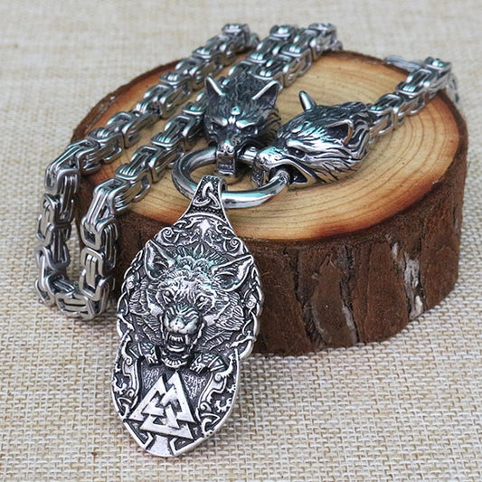 viking Men stainless steel necklace viking wolf head with norse Fenrir wolf mjolnir pendant norse talisman ethnic jewelry