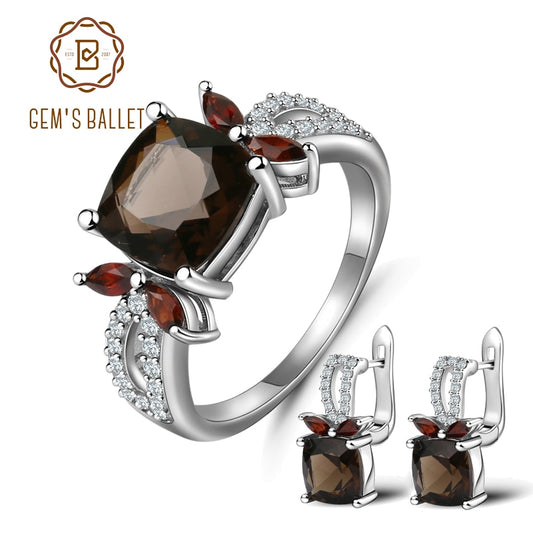 GEM'S BALLET Classic Rings Clip Earrings Natural Smoky Quartz Garnet Fine Genuine 925 Sterling Silver Jewelry Set For Women Gift