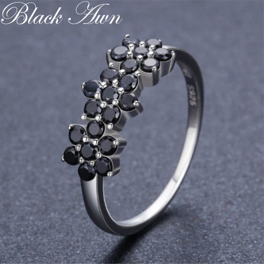 Black Awn 2022 New Cute Silver Color fashion jewelry Flower Bague Black Spinel Wedding Rings for Women Girl Party Gift C463