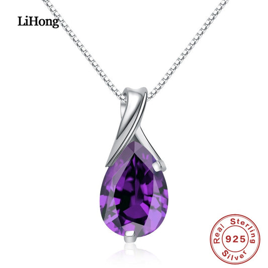 100%925 Sterling Silver Necklace Austria Amethyst Pendant Silver Chain For Women High Jewelry Default Title