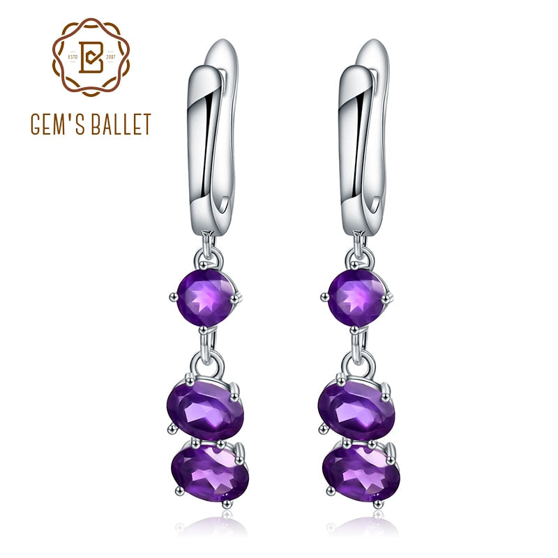 Gem&#39;s Ballet Solid 925 Sterling Silver Earrings Fine Jewelry 4.21Ct Natural Purple Amethyst Drop Earrings For Women Wedding