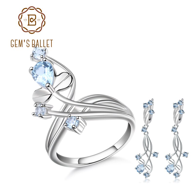 GEM&#39;S BALLET Natural Sky Blue Topaz Gemstone Jewelry Sets 925 Sterling Silver Cute Flower Earrings Ring Set For Girlfriend Gifts