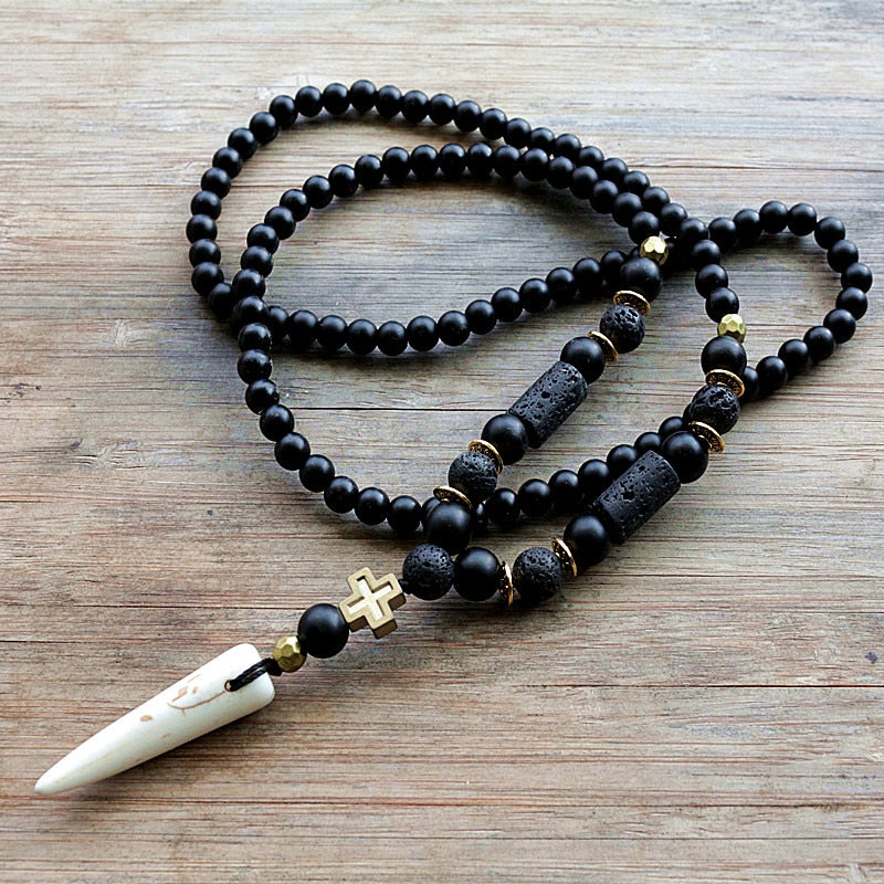 New Design Black BLava Stones Bead with Hematite cross charm pendant necklace Men&#39;s Bead Necklace Default Title