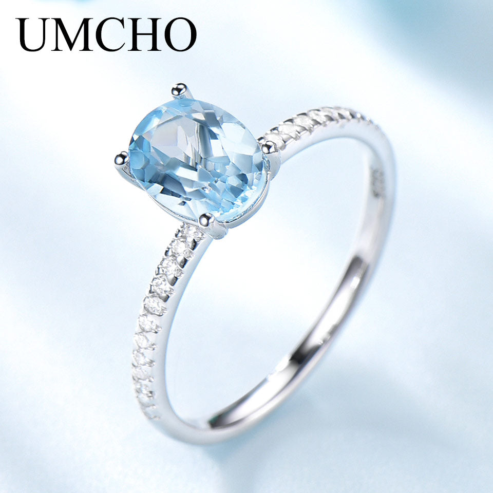 UMCHO Genuine 925 Sterling Silver Gemstone Engagement Jewelry for Women Sky Blue Topaz Birthstone Oval Solitaire Stacking Ring