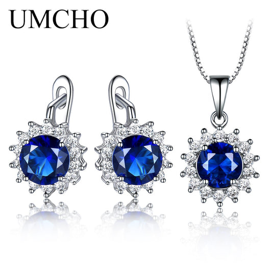 UMCHO 925 Sterling Silver Jewelry Sets for Women Blue Sapphire Gemstone Pendant Necklace Clip Earrings Wedding Fine Jewelry New