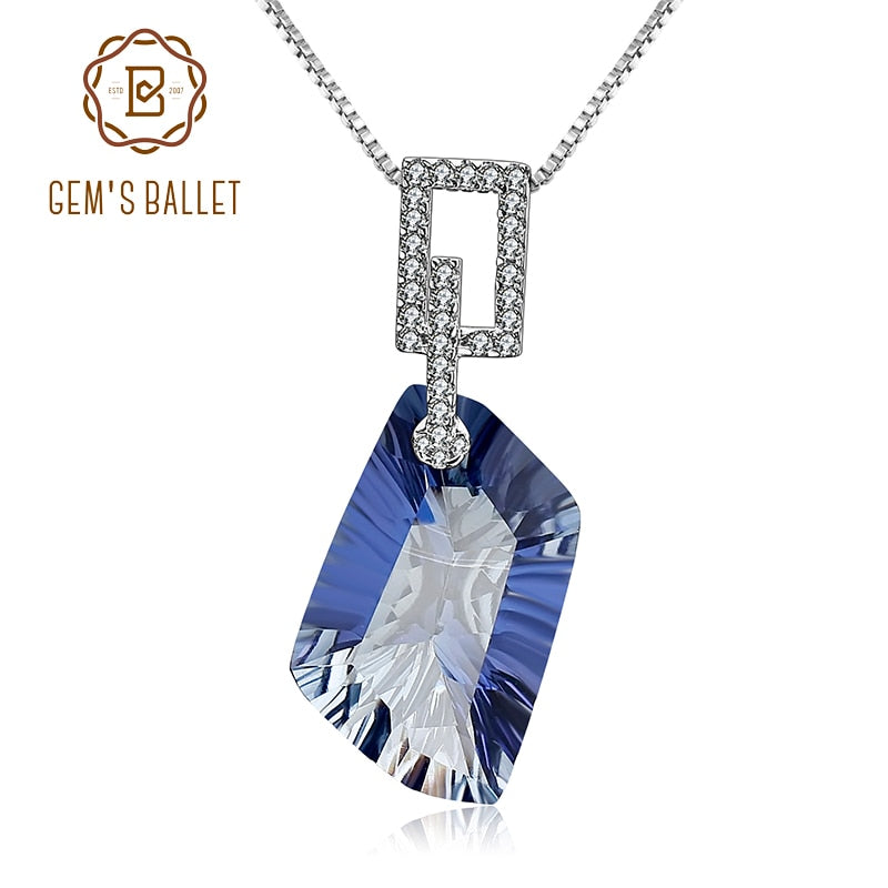 GEM&#39;S BALLET 21.20Ct Natural Iolite Blue Mystic Quartz Gemstone Pendant Necklace 925 Sterling Silver Fine Jewelry for Women