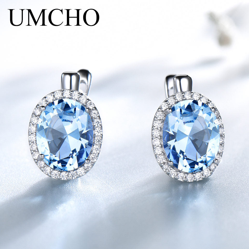 UMCHO Nano Sky Blue Topaz Gemstone Clip Earrings For Women Genuine 925 Sterling Silver Earrings For Women Romantic Fine Jewelry