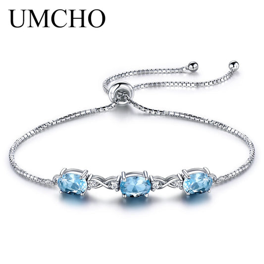 UMCHO Solid 925 Sterling Silver Bracelets Bangles For Women Natural Sky Blue Topaz Adjustable Tennis Bracelet Wedding Party Gift