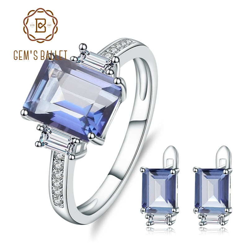 GEM&#39;S BALLET Natural Iolite Blue Mystic Quartz Gemstone Earrings Ring Set Pure 925 Sterling Silver Fine Jewelry Sets For Women