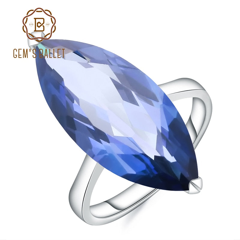 Gem&#39;s Ballet 11.45Ct Big Oval Marquise Natural Iolite Blue Mystic Quartz Gemstone Ring 925 Sterling Silver Rings Fine Jewelry