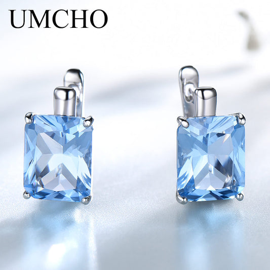 UMCHO Luxury 8.0ct Sky Blue Topaz Gemstone Jewelry Solid 925 Sterling Silver Clip On Earrings For Women Birthday Gift Fashion