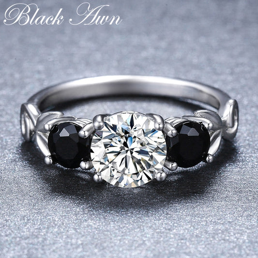Black Awn 2022 New Fower Silver Color fashion jewelry Black Spinel Round Engagement Ring for Women Anillos Mujer G090 9