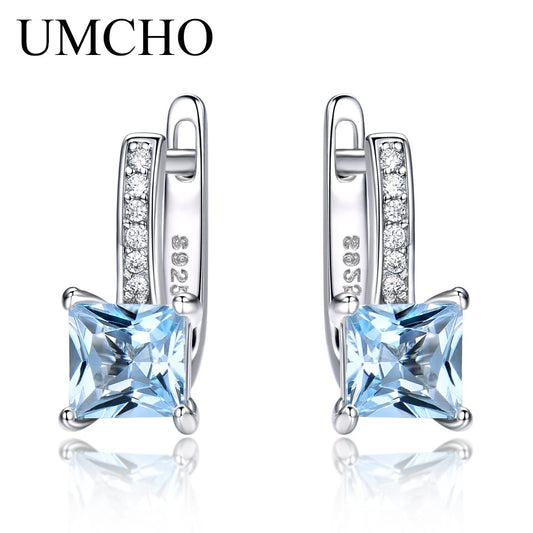 UMCHO Sky Blue Topaz Gemstone Clip Earrings for Women Solid 925 Sterling Silver Trendy Romantic Fashionable Jewelry Gift Wedding