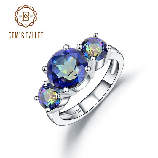 GEM'S BALLET Natural Round Mystic Topaz Birthstone Rings For Women 925 Sterling Silver Three Stone Classic Band Ring Jewelry