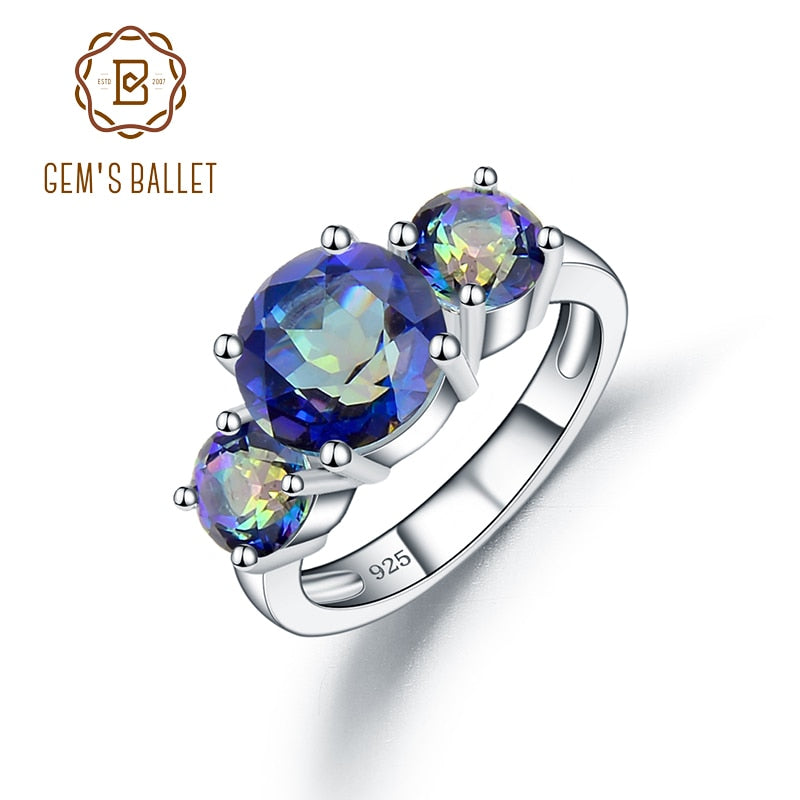 GEM&#39;S BALLET Natural Round Mystic Topaz Birthstone Rings For Women 925 Sterling Silver Three Stone Classic Band Ring Jewelry