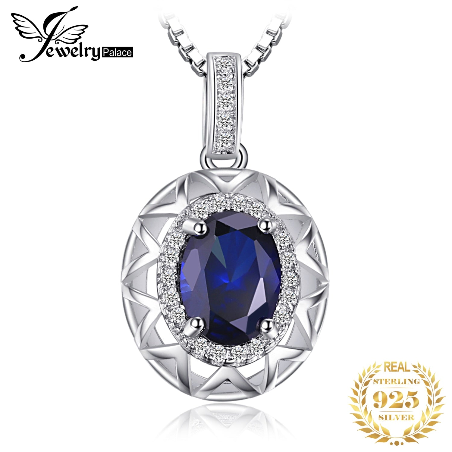 JewelryPalace Oval Cut Created Blue Sapphire 925 Sterling Silver Pendant Necklace Hollow Gemstones Women Necklace Without Chain Default Title