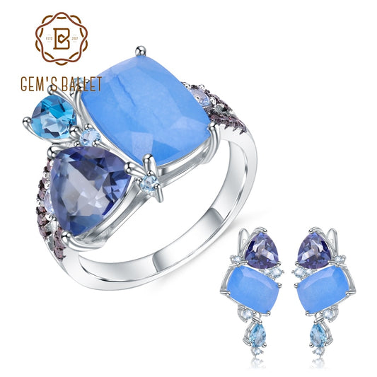 GEM&#39;S BALLET Natural Aqua-blue Calcedony Geometric Casual Jewelry 925 Sterling Silver Ring Earrings Jewelry Set For Women Gift