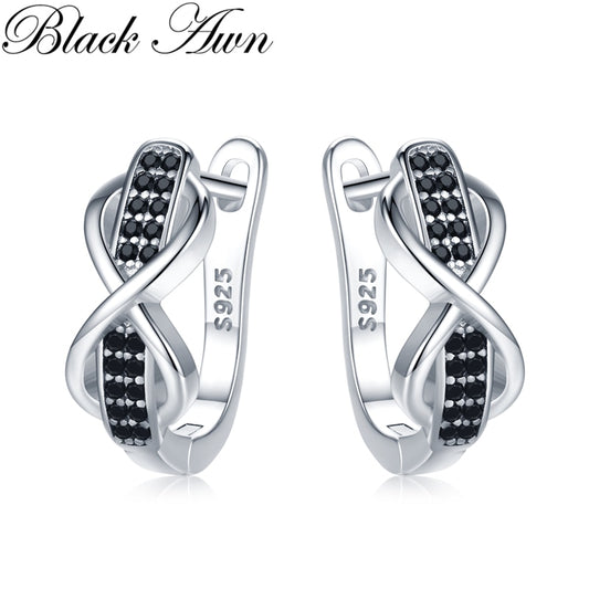 Black Awn 2022 New Silver Color Round Black Trendy Spinel Engagement Bow Hoop Earrings for Women Jewelry Bijoux I157 Default Title