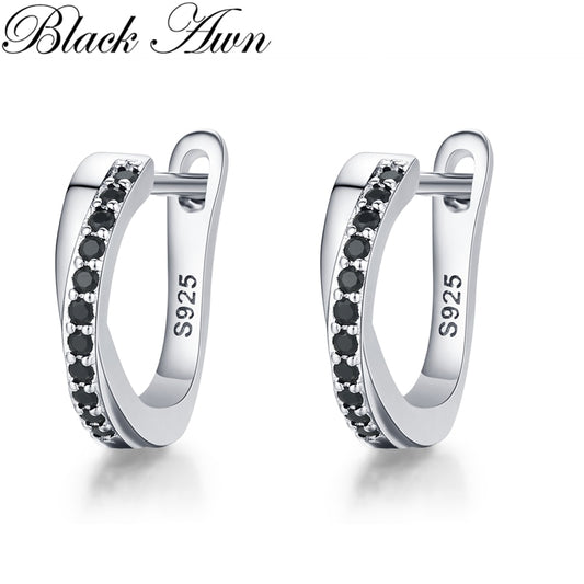 Black Awn Classic Silver Round Black Trendy Spinel Engagement Hoop Earrings for Women Fashion Jewelry Bijoux I197 Default Title