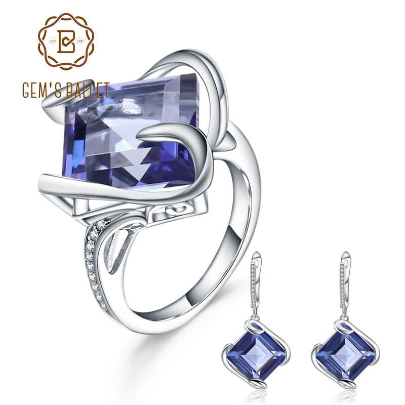 GEM&#39;S BALLET 925 Sterling Silver Geometric Gemstone Jewelry Natural Iolite Blue Mystic Quartz Ring Earrings Women&#39;s Jewelry Set