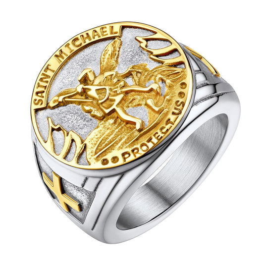 U7 Circle Signet Rings for Men Gold Plated Stainless Steel Catholic Archangel Saint Michael Jewelry Unisex Cool Thumb Ring Gold Pink