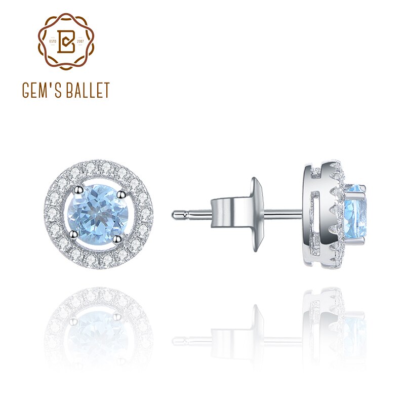 GEM&#39;S BALLET Natural Sky Blue Topaz Birthstone Halo Earrings For Women 925 Sterling Silver Classic Stud Earrings Fine Jewelry