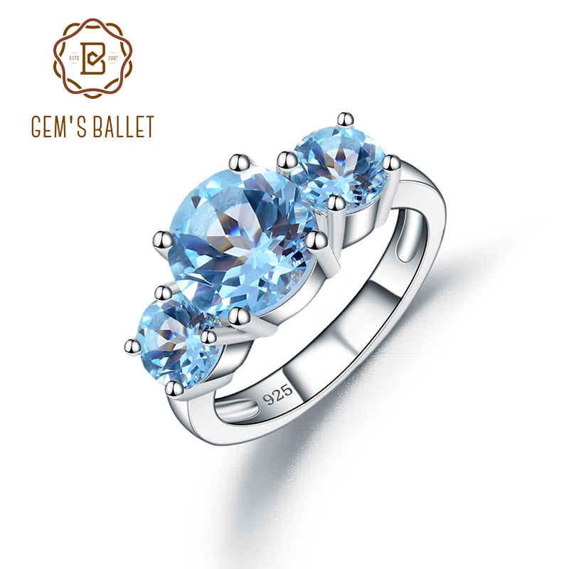 GEM&#39;S BALLET Natural Round Sky Blue Topaz Three Stone Wedding Band Rings 925 Sterling Silver Birthstone Ring For Women Jewelry