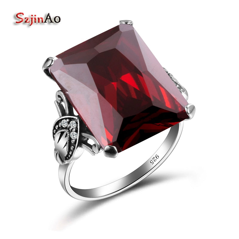 Szjinao Real 925 Sterling Silver Women Ring Garnet Vintage Square Gemstone Autrichien Edward Antique 2020 Jewelry Grosses Bagues