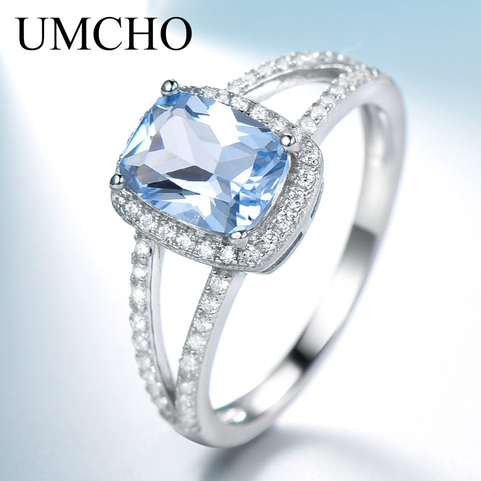 UMCHO Genuine Sterling Silver Rings For Women Engagement Nano Sky Blue Topaz Ring Silver 925 Gemstones Jewelry