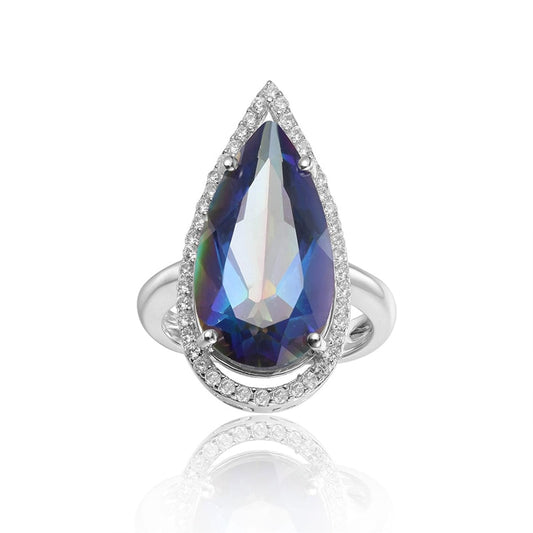 GEM&#39;S BALLET 925 Sterling Silver Water Drop Cocktail Ring 7.89ct Natural Mystic Quartz - Blueish Rings For Women Fine Jewelry