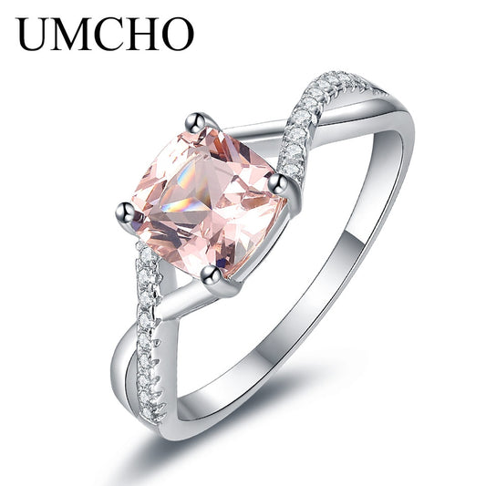 UMCHO Morganite Gemstone Rings for Women Real 925 Sterling Silver Ring Silver Wedding Engagement Band Romantic Fine Jewelry Gift