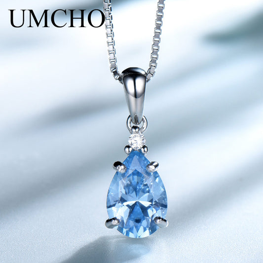 UMCHO Solid 925 Sterling Silver Pendant Necklace for Women Water Drop Nano Topaz Zircon Chain Anniversary Necklace With Chain