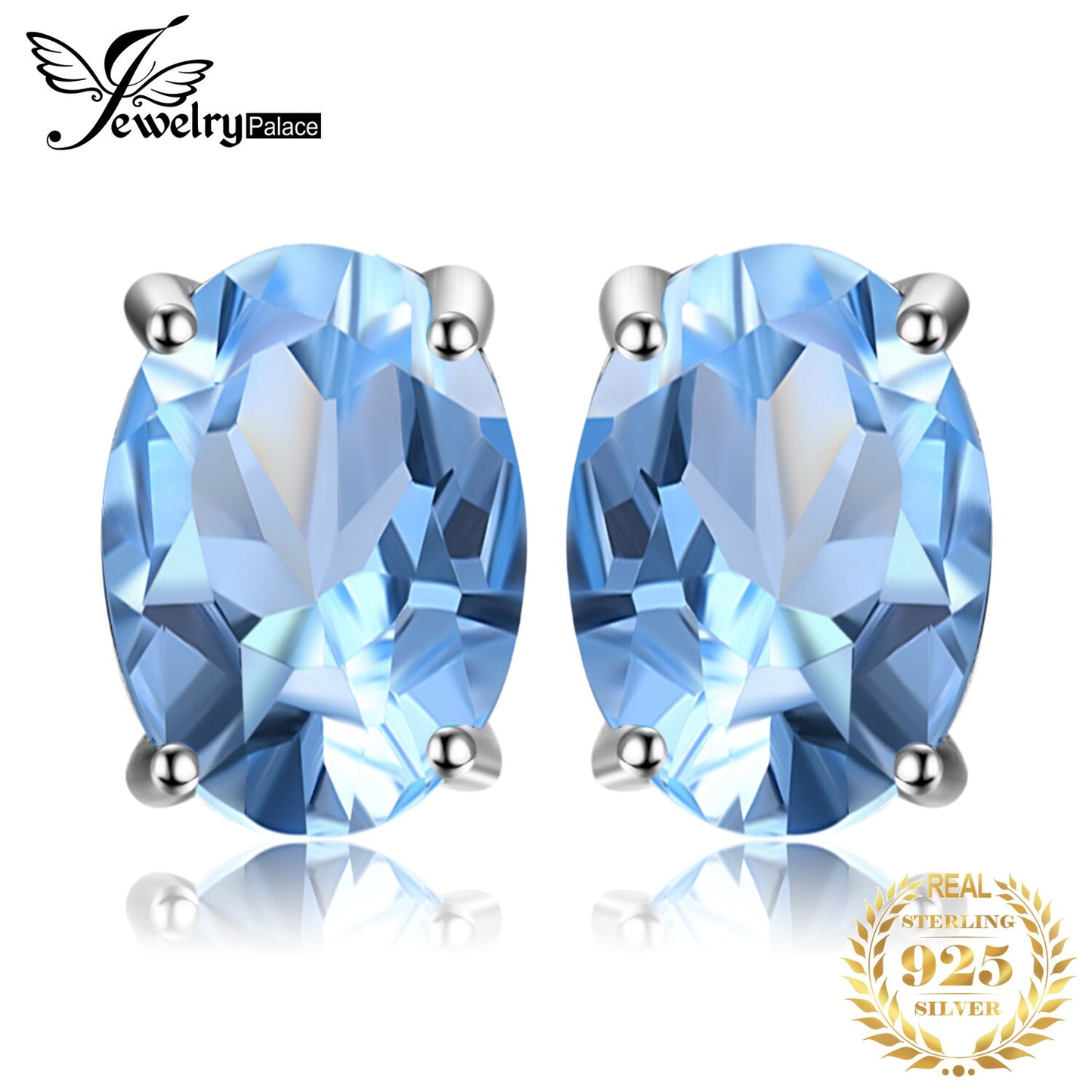 JewelryPalace Oval Genuine Natural Blue Topaz 925 Sterling Silver Stud Earrings for Women Fashion Statement Gemstone Jewelry Default Title