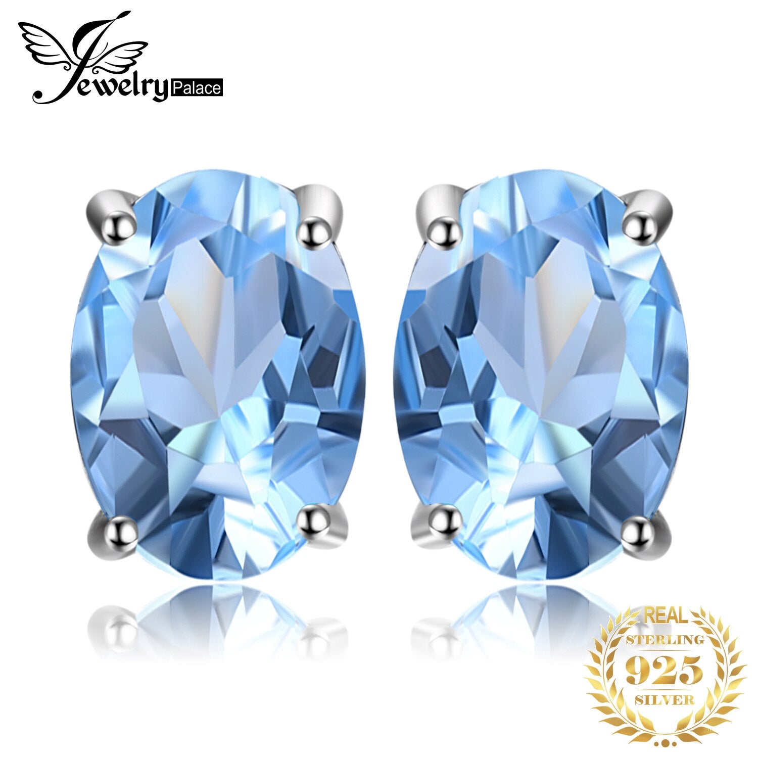 JewelryPalace Oval Genuine Natural Blue Topaz 925 Sterling Silver Stud Earrings for Women Fashion Statement Gemstone Jewelry Default Title