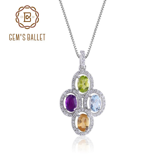 GEM&#39;S BALLET Clover Flower Necklace Natural Amethyst Peridot Topaz Citrine Pendant Necklace in 925 Sterling Silver Gift For Her
