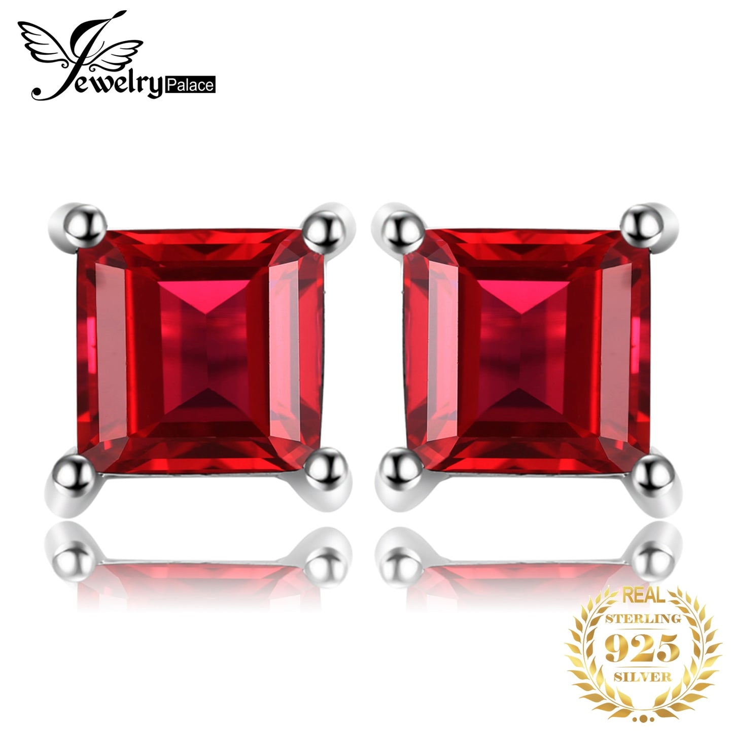 Jewelry Palace Square Genuine Princess Cut Red Garnet 925 Sterling Silver Stud Earrings for Women Earrings Fashion Jewelry Default Title