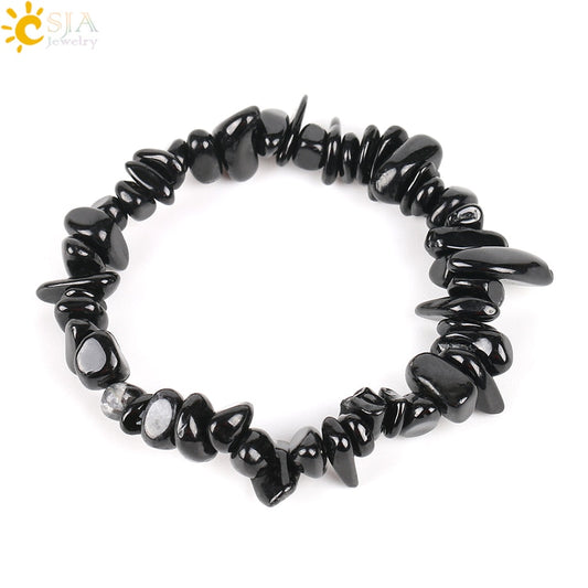 CSJA Black Tourmaline Bracelets for Women Crystal Bracelets Chip Beads Chakra Natural Gem Stone Reiki Healing Meditation E705 Default Title