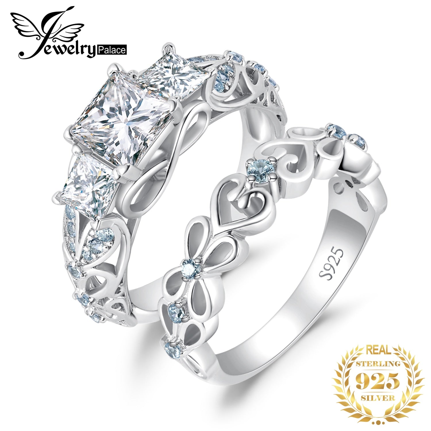 JewelryPalace New 2 Pcs 925 Sterling Silver Wedding Engagement Ring for Woman Flower 2.3ct Simulated Diamond AAAAA CZ Bridal Set