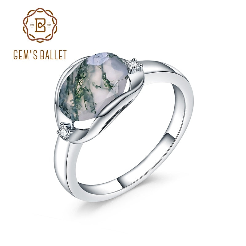 GEM&#39;S BALLET Birthstone Dainty Ring 8X10mm Oval 2.91Ct Natural Moss Agate Gemstone Ring in 925 Sterling Silver Gift For Her