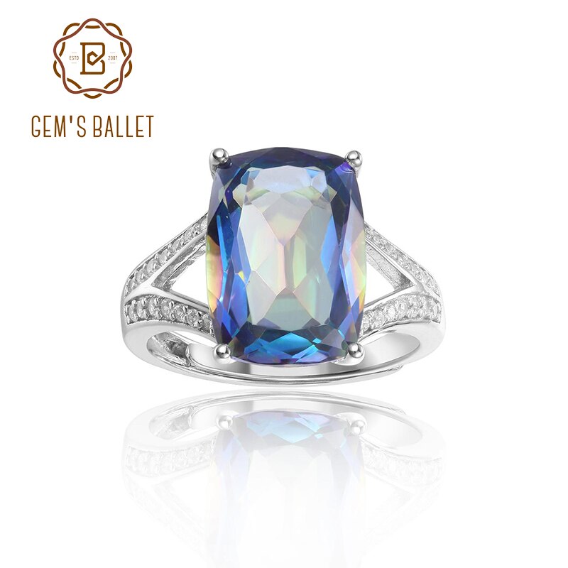 GEM&#39;S BALLET 9.66Ct 10x14mm Cushion Mystic Rainbow Topaz Statement Ring in Sterling Silver Adjustable Ring For Women