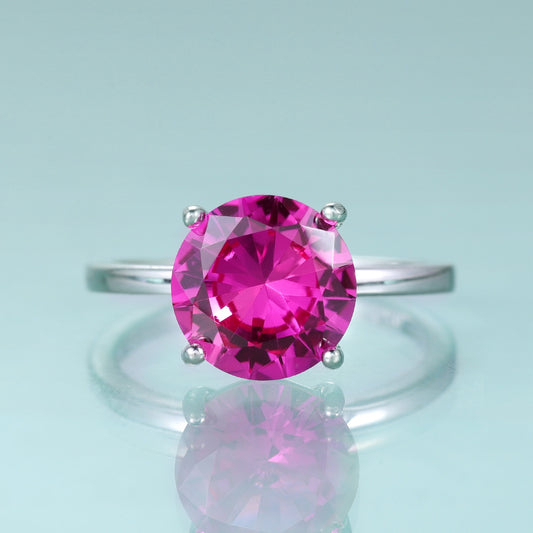 GEM'S BALLET Round Lab Pink Sapphire Four Prong Solitaire Engagement Rings 925 Sterling Silver Anniversary Promise Gift Ring