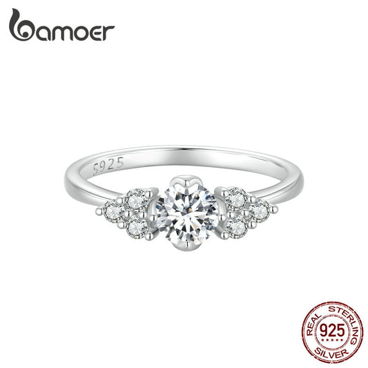 BAMOER 0.5CT D Color VVS1 EX Round Moissanite Ring for Women Engagement Wedding Jewelry Pave Setting CZ 925 Sterling Silver Ring 9