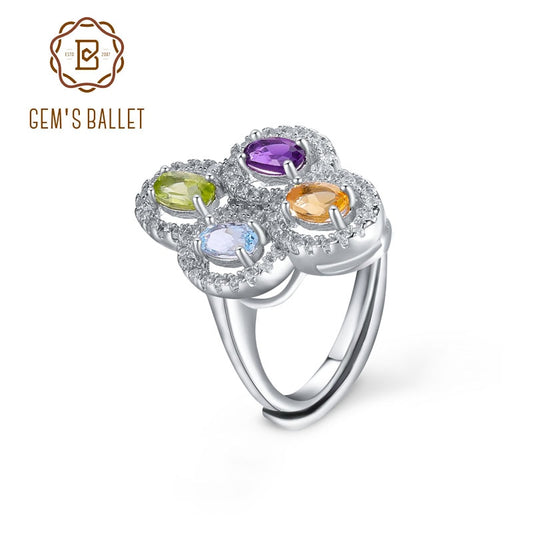 GEM&#39;S BALLET Clover Flower Ring Natural Amethyst Peridot Topaz Citrine Birthstone Ring in 925 Sterling Silver Gift For Her