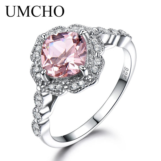 UMCHO Rings for Women Solid Sterling Silver Cushion Morganite Engagement Anniversary Band Pink Gemstone Valentine&#39;s Gift