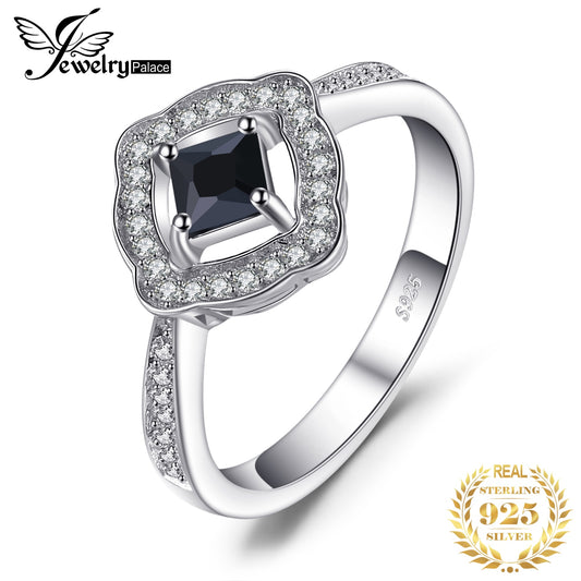 JewelryPalace Square Natural Black Spinel 925 Sterling Silver Halo Ring for Women Wedding Engagement Fine Jewelry Fashion Gift