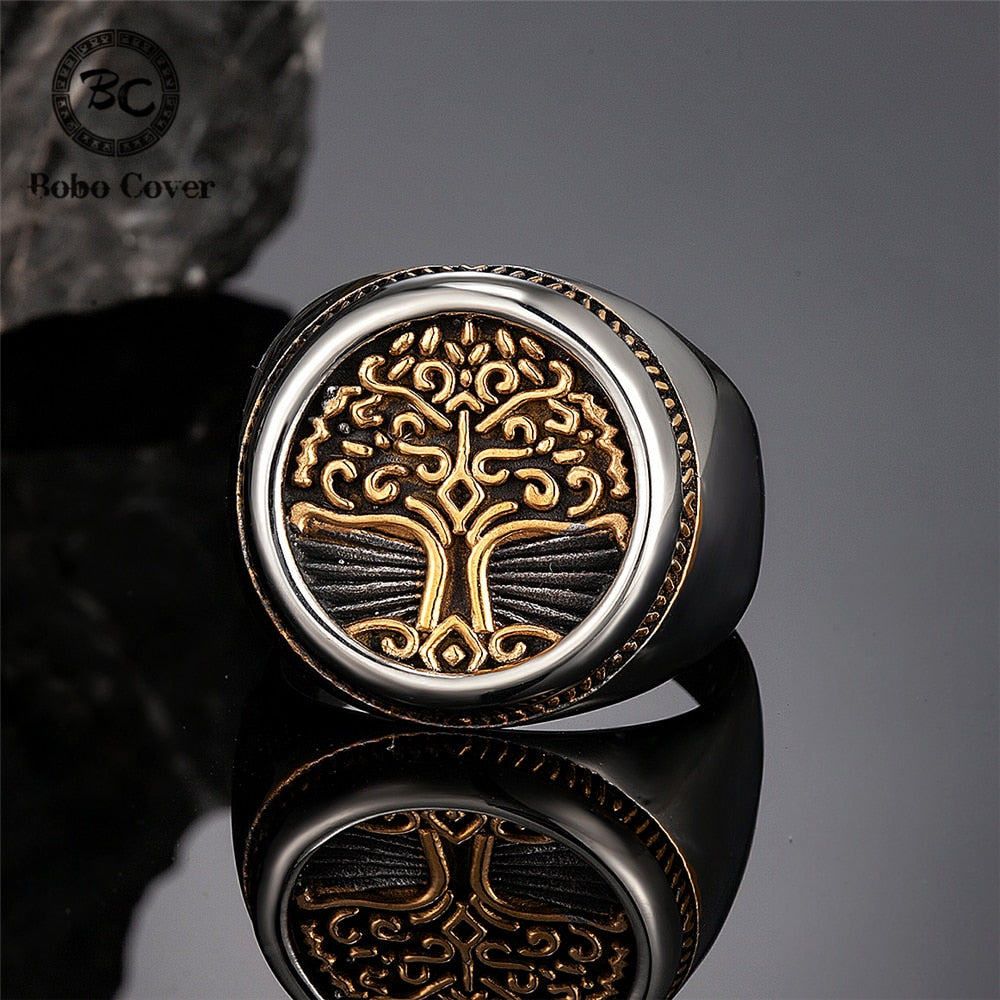 Punk Men's Tree of Life Symbol Rings Mix Gold Stainless Steel Norse Mythology Amulet Signet Ring Retro Jewelry Male Accessories