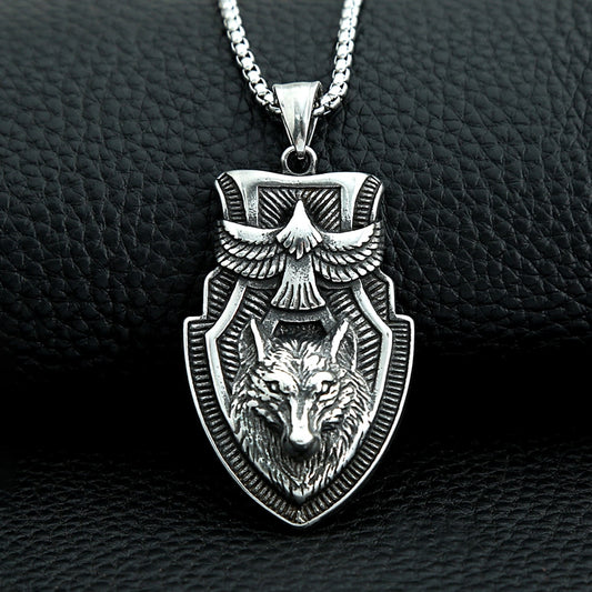 Unique Retro Flying Eagle Wolf Head Viking Shield Pendant For Men Punk Hip Hop Stainless Steel Animal Necklace Jewelry Gifts