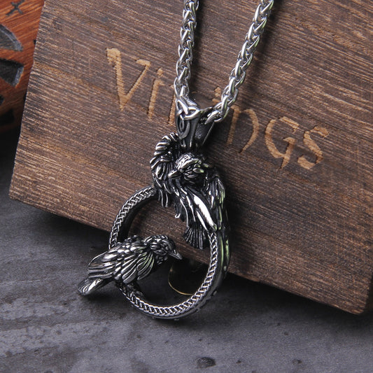 Nordic mythology Odin Huginn and Muninn pendant necklace viking Raven necklace stainless steel never fade with wooden box United States 60cm