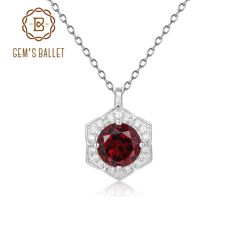 GEM&#39;S BALLET Hexagon Gemstone Necklace 6mm Round Red Garnet Halo Solitarie Pendant Necklace in 925 Sterling Silver Gift For Her