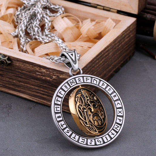 Rotate Vikings Wolf Necklace Stainless Steel Men's Tree of Life Odin Rune Amulet Pendant Necklace Vintage Charm Jewelry As Gift